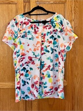 Worthington XL Floral Blouse Watercolor Print Ruffle Neck Short Sleeve Top
